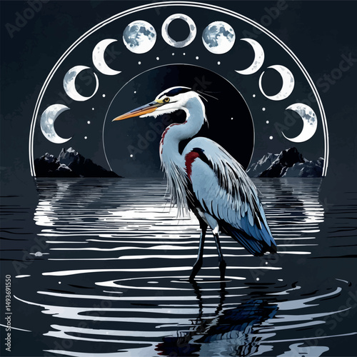 Mystic heron with moon phases. Symbolic vector linocut of clarity and reflection.