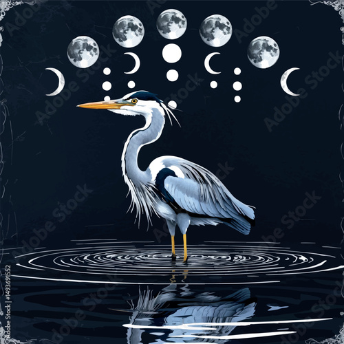 Mystic heron with moon phases. Symbolic vector linocut of clarity and reflection.