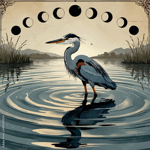 Mystic heron with moon phases. Symbolic vector linocut of clarity and reflection.
