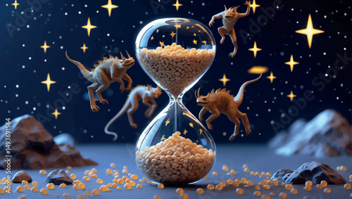 Suspended hourglass in cosmic void. Vector time warp fantasy with star sand and temporal creatures.