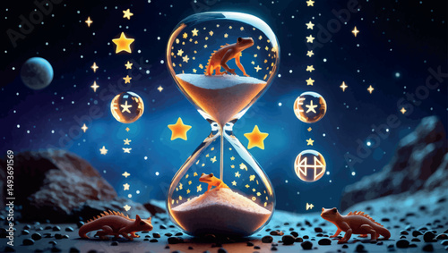 Suspended hourglass in cosmic void. Vector time warp fantasy with star sand and temporal creatures.