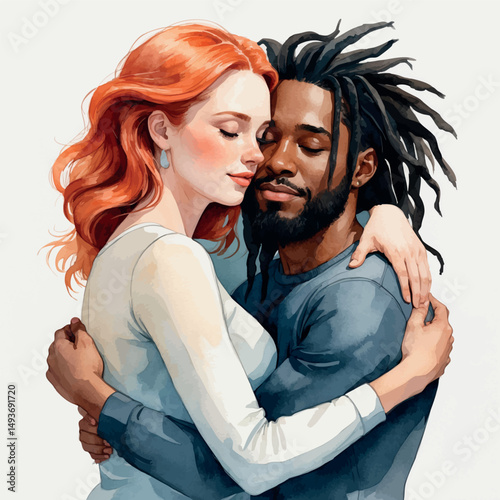 Loving embrace vector. Watercolor couple in warm moment.