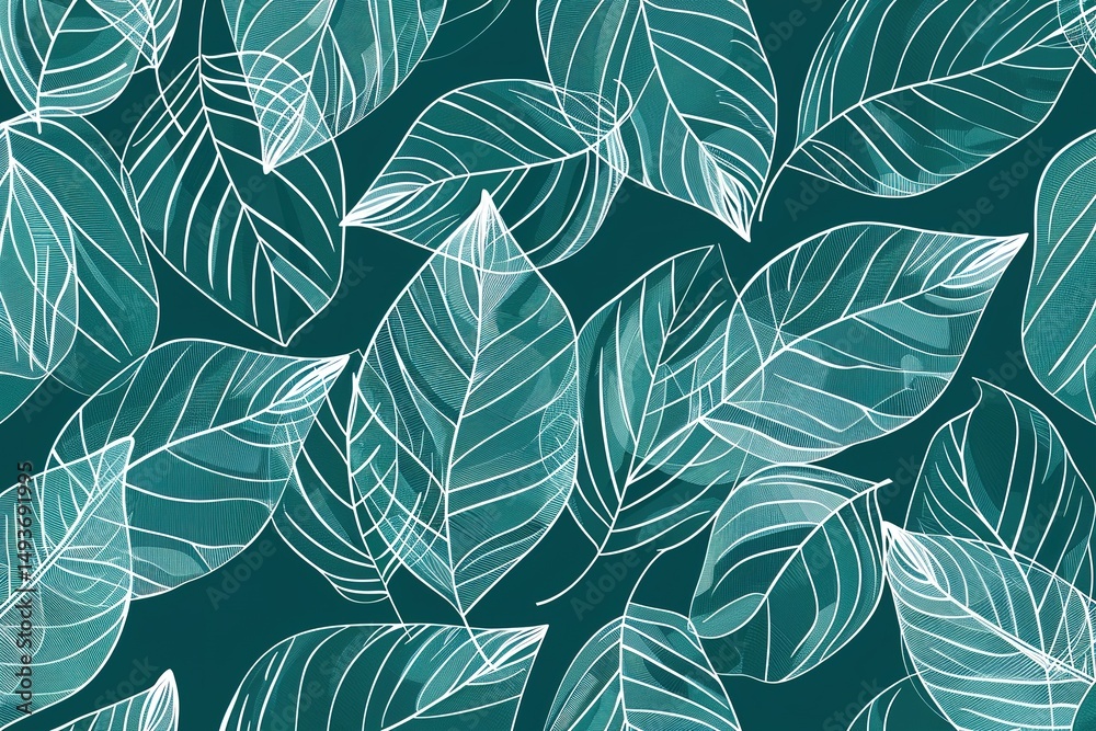 Fototapeta premium Botanical Pattern: Teal and white leaf design with minimalist white line illustration