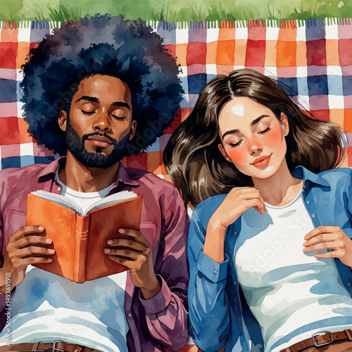 Book lovers vector. Calm and close interracial couple moment.