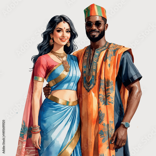 Cultural pride vector. Interracial couple in traditional fashion.