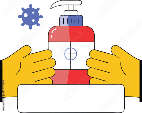 Hand sanitizer bottle and virus illustration representing health and prevention measures