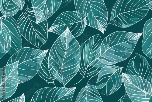 Botanical Pattern: Teal and white leaf design with minimalist white line illustration