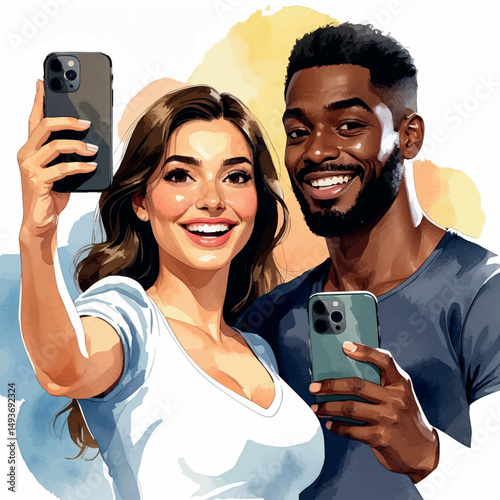 Selfie love vector. Interracial couple capturing joyful moment.
