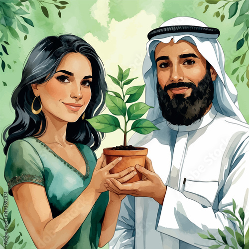 Planting love vector. Interracial couple nurturing growth together.