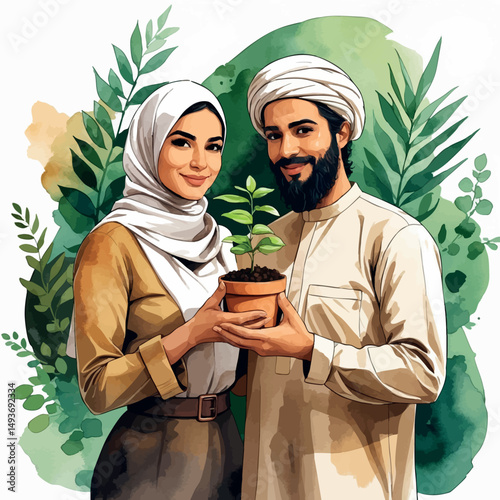 Planting love vector. Interracial couple nurturing growth together.