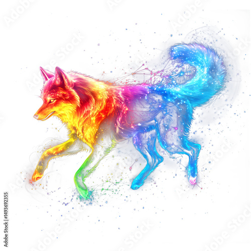 A spirit wolf glowing in rainbow light running through stars, energy guide animal, isolated on transparent background
