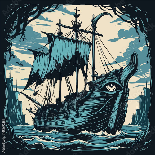 Ribbed warship with jaw anchor. Linocut horror fantasy vector of sentient marine wreck.