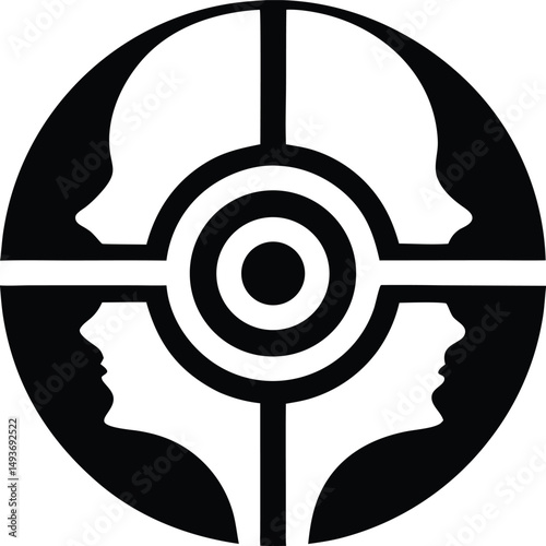 Human silhouettes aiming towards a central target in a circular design illustration