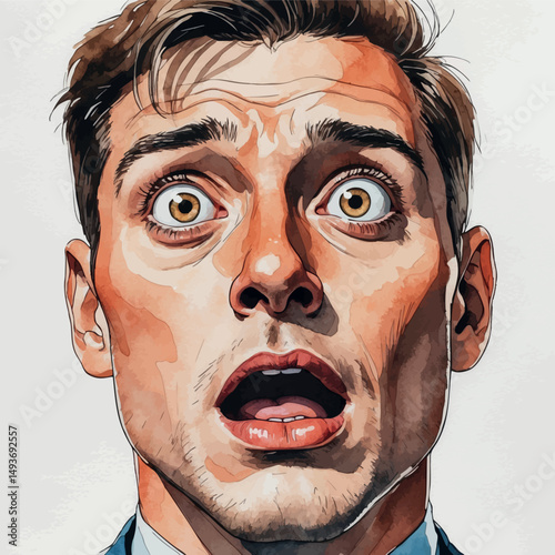 Shocked man portrait. Watercolor reaction in dynamic expressive lines.