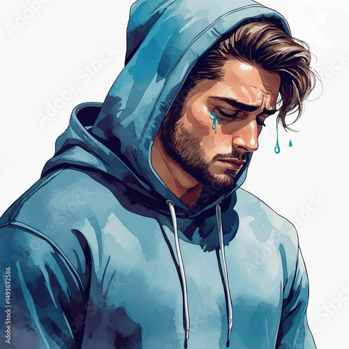 Man with tear. Watercolor emotional expression of pain and reflection.