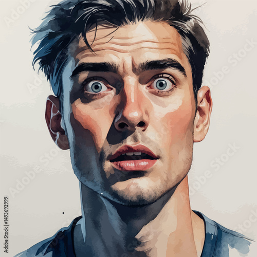 Surprised man vector. Watercolor portrait of curiosity and alertness.