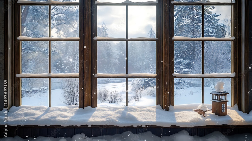 Naklejka premium Snowy winter scene viewed through a large window.