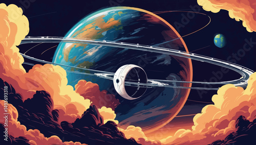 Giant orbital ring station. Futuristic vector illustration of a space station orbiting a habitable planet.