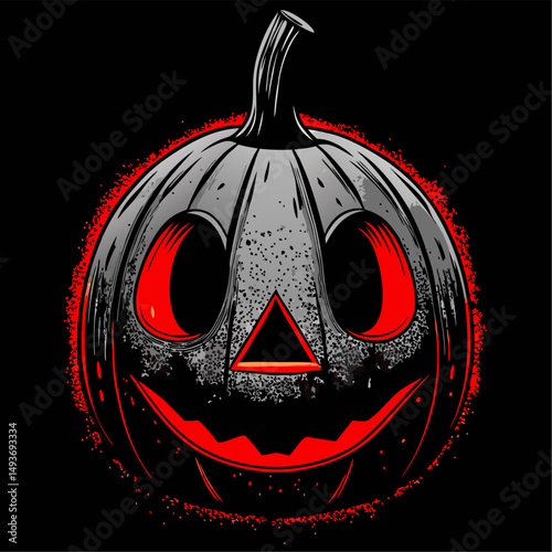 Glowing red eyed grey halloween pumpkin illustration