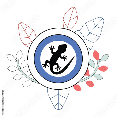 Minimalist illustration featuring a stylized lizard emblem with floral elements on a transparent background