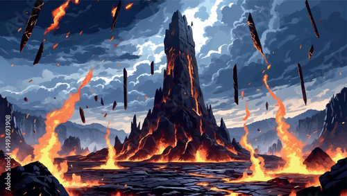 Cracked obsidian tower in lava land. Apocalyptic fantasy vector scene with fire rain and fading magic.