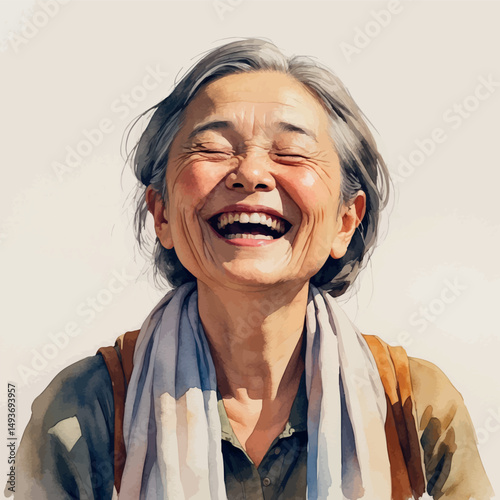 Laughing senior woman. Watercolor joy with grace and authenticity.