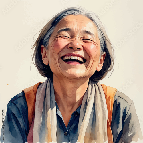 Laughing senior woman. Watercolor joy with grace and authenticity.