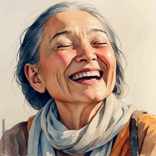 Laughing senior woman. Watercolor joy with grace and authenticity.