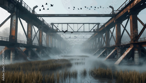 Broken industrial bridge over river. Vector urban decay with rusted metal and soft fog.