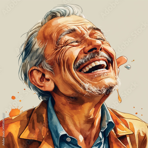 Laughing senior man. Watercolor portrait with joyful tears and warmth.