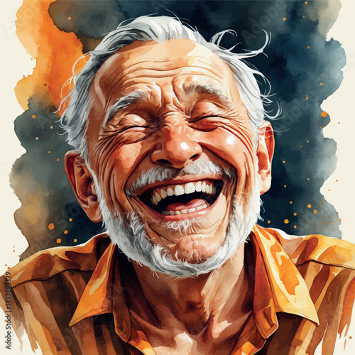 Laughing senior man. Watercolor portrait with joyful tears and warmth.
