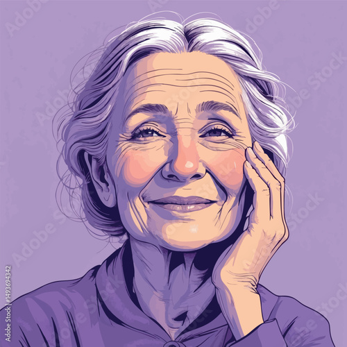 Peaceful senior woman. Watercolor portrait of stillness and grace.