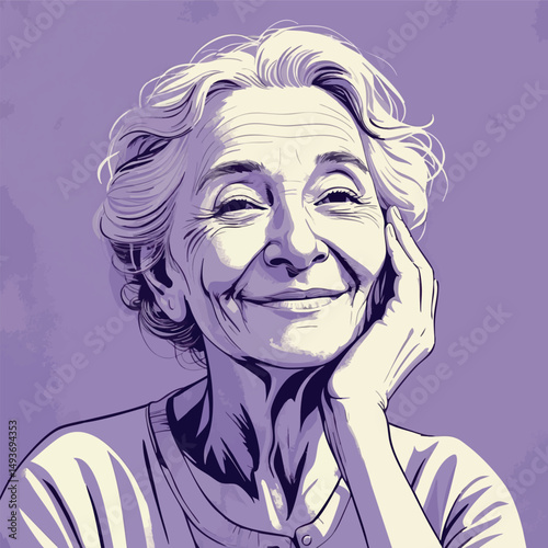 Peaceful senior woman. Watercolor portrait of stillness and grace.