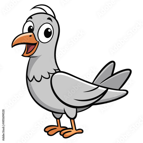 Smiling cartoon pigeon stands cheerfully with an open beak, ready to take flight