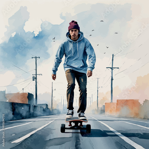 Longboard ride vector. Urban lifestyle in free flow.