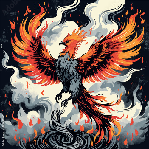 Phoenix rebirth in linocut. Mythical vector bird of fire and renewal in symbolic flame form.