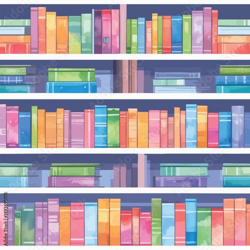 Bookshelf pixel vector. Artistic home decor with pixel-style books and watercolor texture.