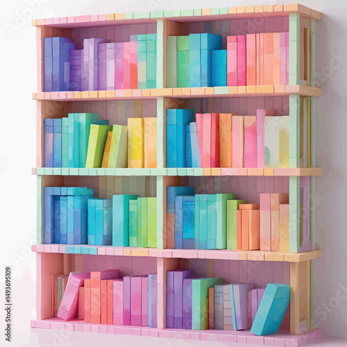 Bookshelf pixel vector. Artistic home decor with pixel-style books and watercolor texture.