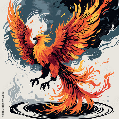 Phoenix rebirth in linocut. Mythical vector bird of fire and renewal in symbolic flame form.