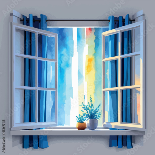 Window pixel vector. Watercolor light scene in pixelated home design.