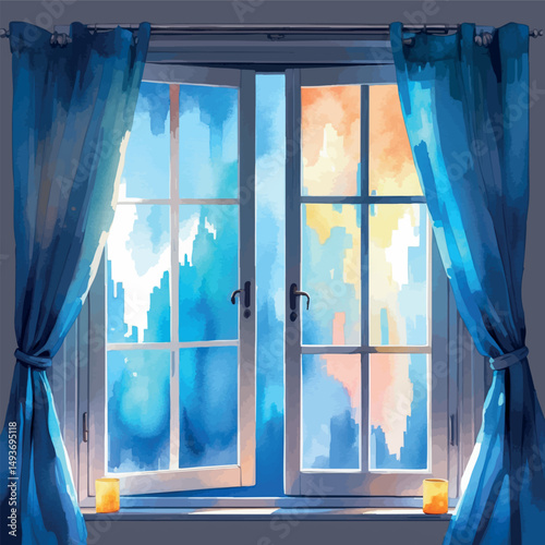 Window pixel vector. Watercolor light scene in pixelated home design.
