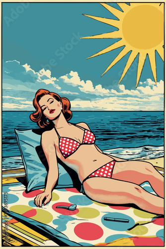Retro pop art woman in polka dot bikini relaxing on beach towel with comic effect