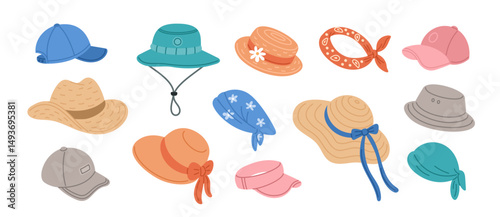 Summer hats and headgears. Cartoon sun protective head accessories, beach panama, straw hats, patterned bandanas and caps, women men and kids fashion headwear, garish vector isolated set