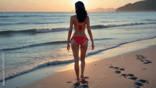 Woman walking in red bikini on sunset beach with ocean and footprints