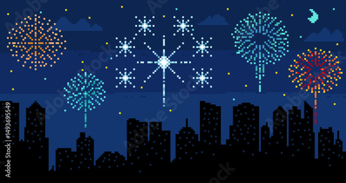 Pixel night city landscape. Evening sky, holiday fireworks, skyscrapers silhouette, bursting lights, 8 bit game background, carnival pyrotechnic explosions, qualitative vector concept