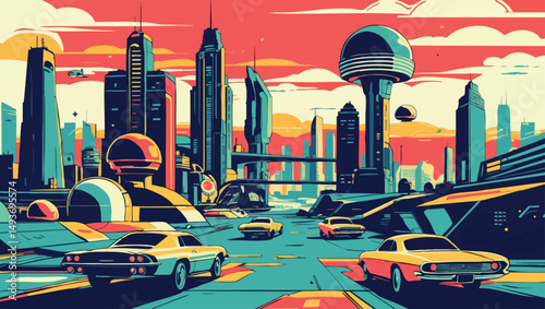 Retro-futuristic city with flying cars. Vintage vector cityscape in 1960s sci-fi style with domes and neon lights.