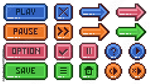 Pixel buttons. Retro video game or app navigation, menu panel elements, interactive sprites, 8 bit interface icons, gaming screen, play, pause and save, qualitative vector isolated set