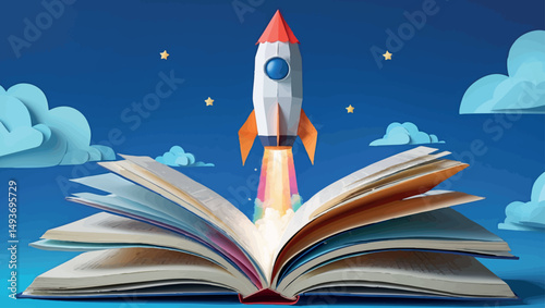 Educational Success Concept - Knowledge Rocket Launching from Book Pages, Paper Art Illustration