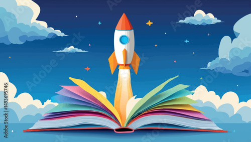 Educational Success Concept - Knowledge Rocket Launching from Book Pages, Paper Art Illustration