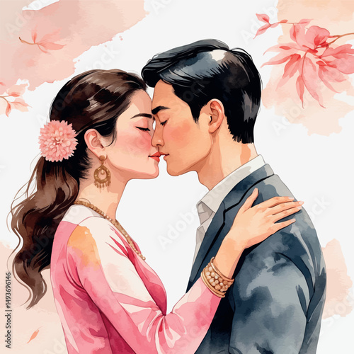 Tender kiss vector. Interracial couple in peaceful intimacy.